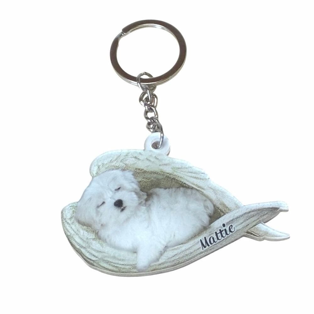 Maltese Sleeping Angel acrylic keychain With The Name Mattie On It - Thumbnail 2