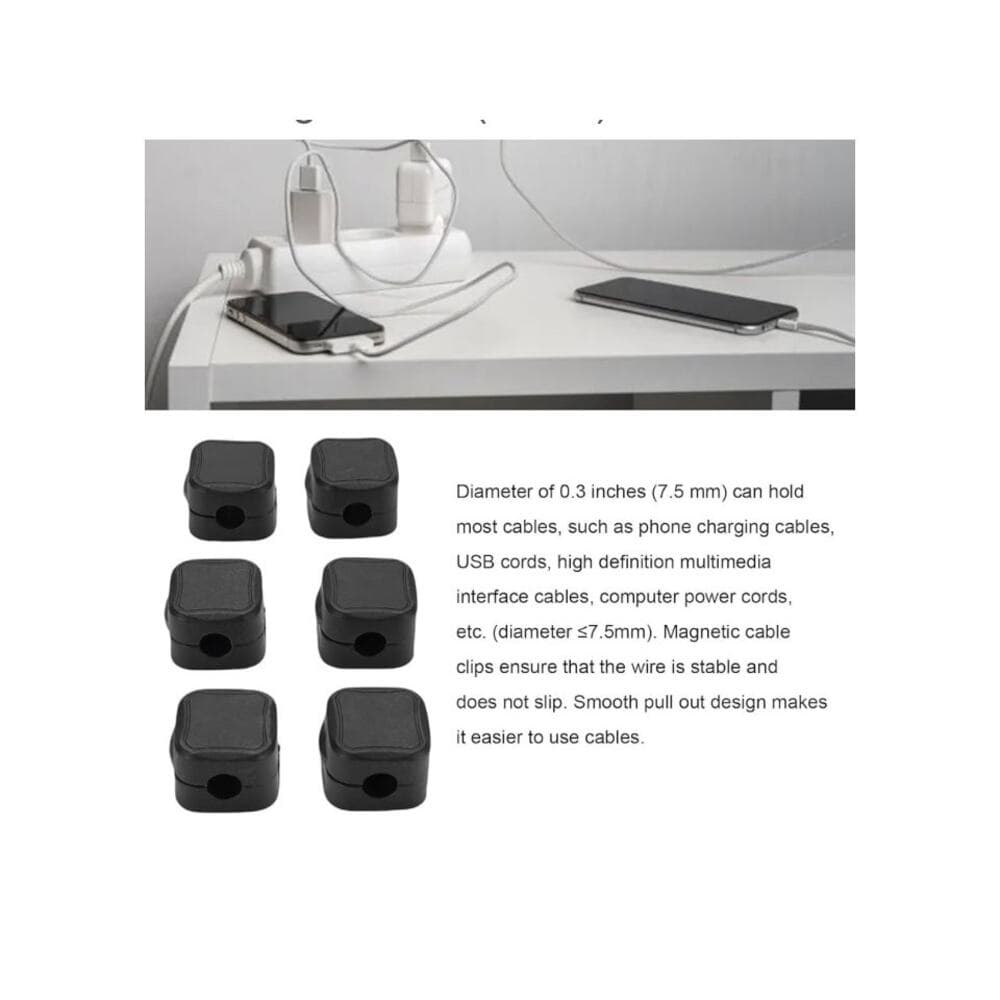 6 Pack Magnetic Cable Clips, Cord Holder Adhesive Cable Management Black - Thumbnail 2