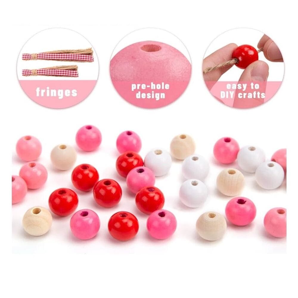 BigOtters 170PCS Valentines Day Wooden Bead, Pink Round Beads 0.6 - Thumbnail 2