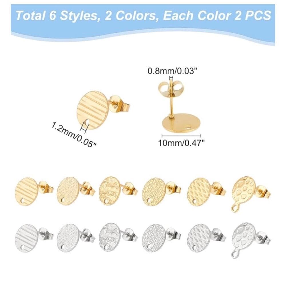 UNICRAFTALE 24 Pcs 2 Colors 6 Styles 304 Stainless Steel Stud Earring Findings