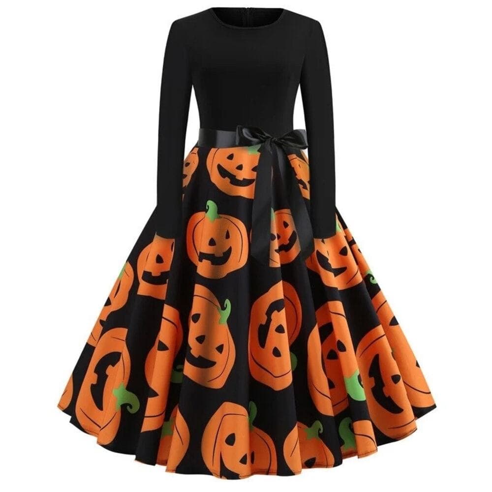 WOMEN'S HALLOWEEN DRESS WITH PUMPKIN PRINT / LADIES CLOTHES WITH LONG SLEEVE - Thumbnail 2