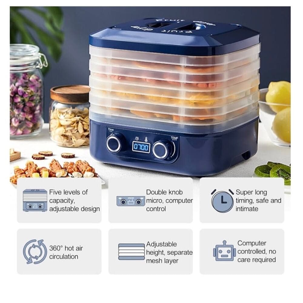 Food Dehydrator, 5 Trays Food Dryer Machine, Temperature Control Blue - Thumbnail 4