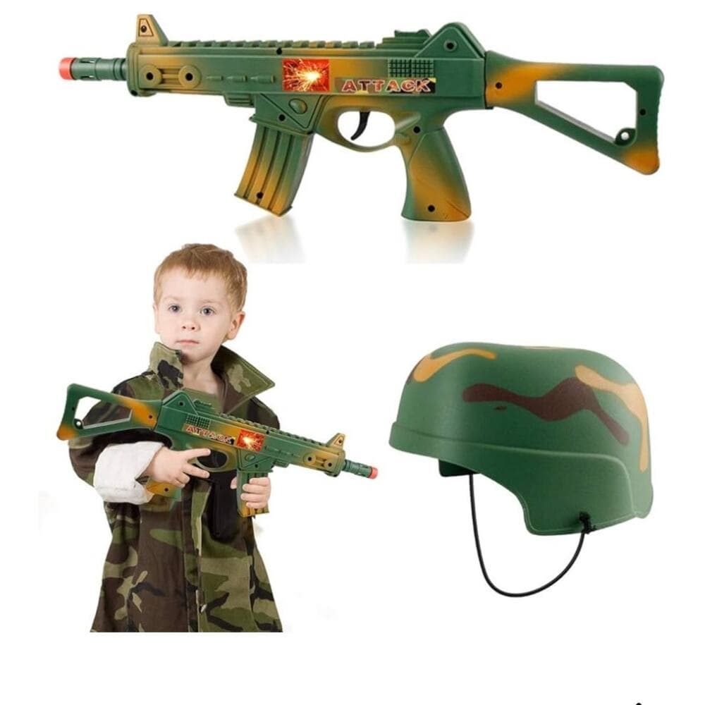 Camouflage Army Helmet and 16 inches Machine Gun Toy Rifle Military Combat - Thumbnail 6
