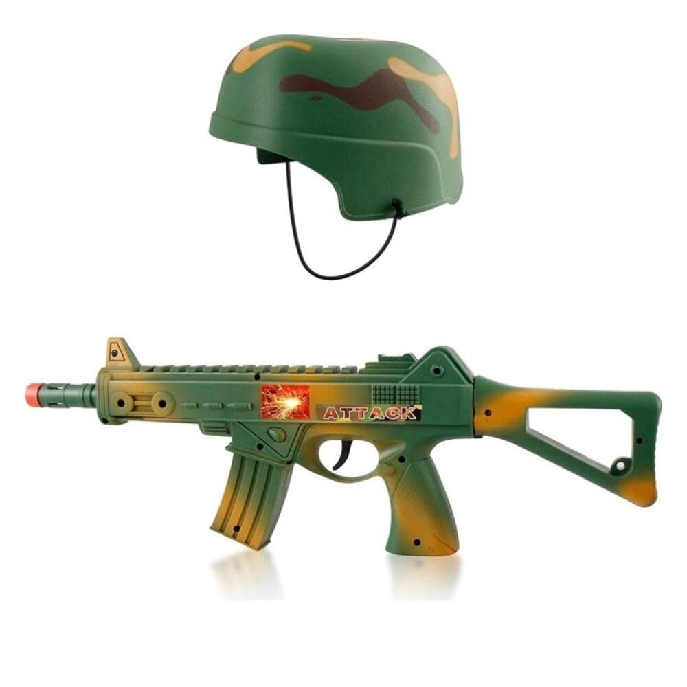 Camouflage Army Helmet and 16 inches Machine Gun Toy Rifle Military Combat