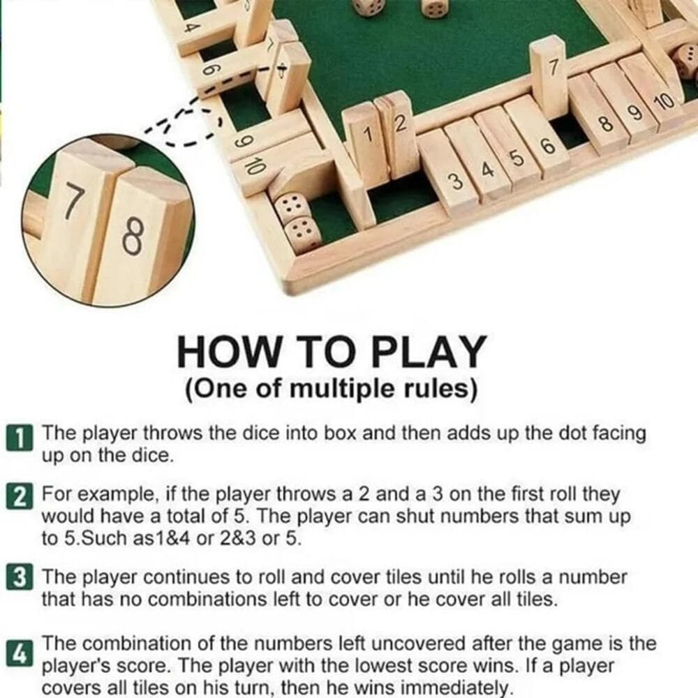 Shut The Box-Wooden 2-4 Player Dice Board Game, - Thumbnail 5