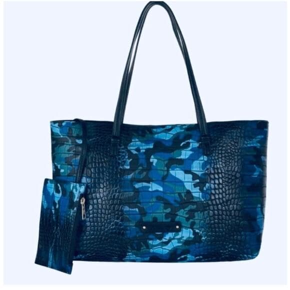 De Vesi L'Amour Crocodile Embossed Blue Camouflage Tote Bag 16”W X 11”L - Thumbnail 11