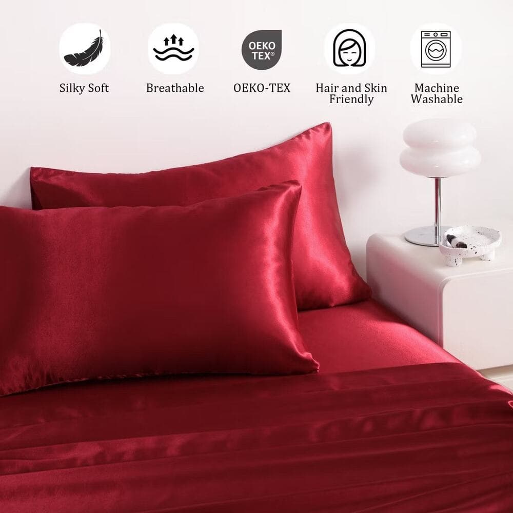 4 Pieces Satin Bed Sheet Set, Silky Cooling Soft Sheet Set, King, Wine Red - Thumbnail 6