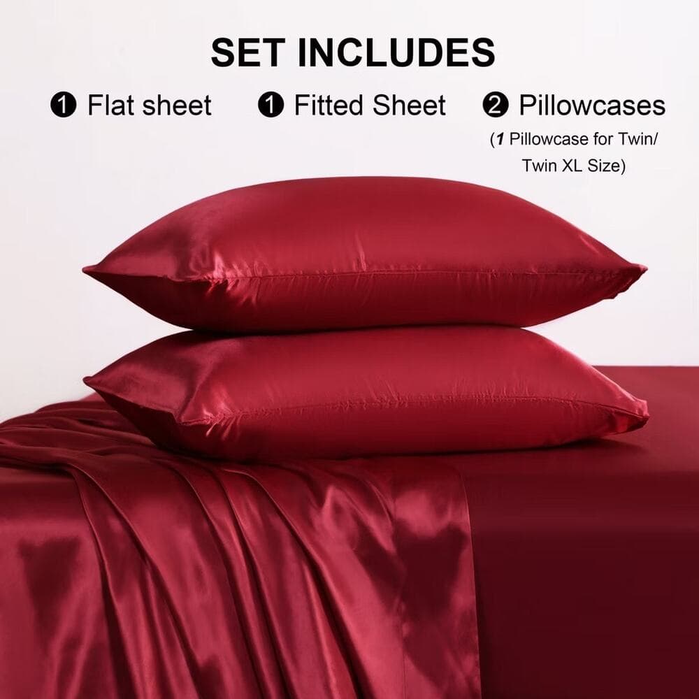 4 Pieces Satin Bed Sheet Set, Silky Cooling Soft Sheet Set, King, Wine Red - Thumbnail 5