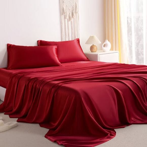 4 Pieces Satin Bed Sheet Set, Silky Cooling Soft Sheet Set, King, Wine Red - Thumbnail 10