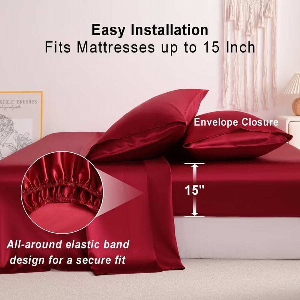 4 Pieces Satin Bed Sheet Set, Silky Cooling Soft Sheet Set, King, Wine Red - Thumbnail 3
