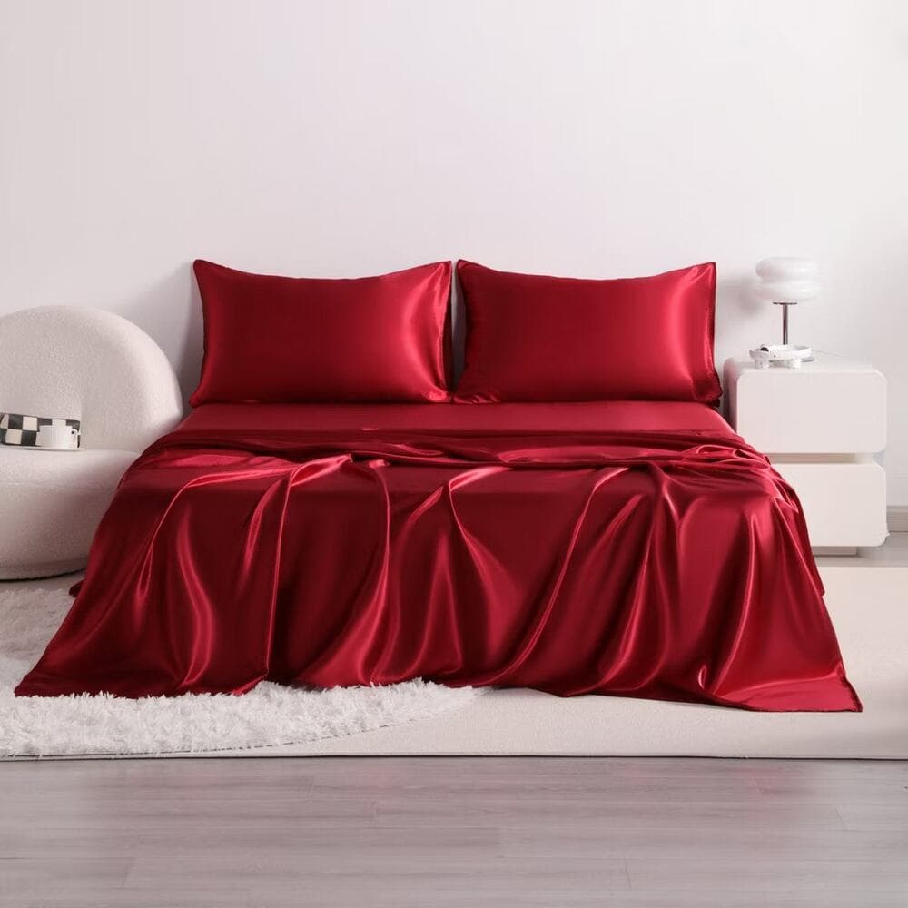 4 Pieces Satin Bed Sheet Set, Silky Cooling Soft Sheet Set, King, Wine Red