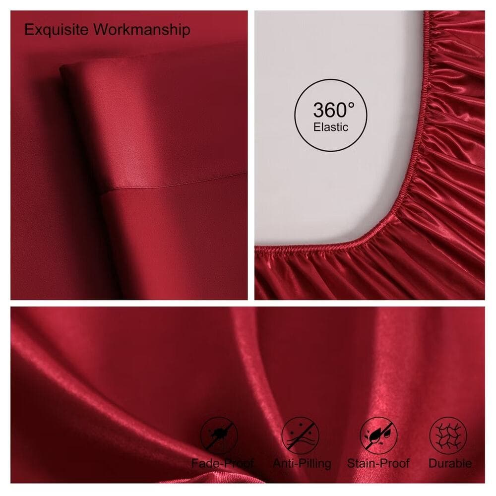 4 Pieces Satin Bed Sheet Set, Silky Cooling Soft Sheet Set, King, Wine Red - Thumbnail 4