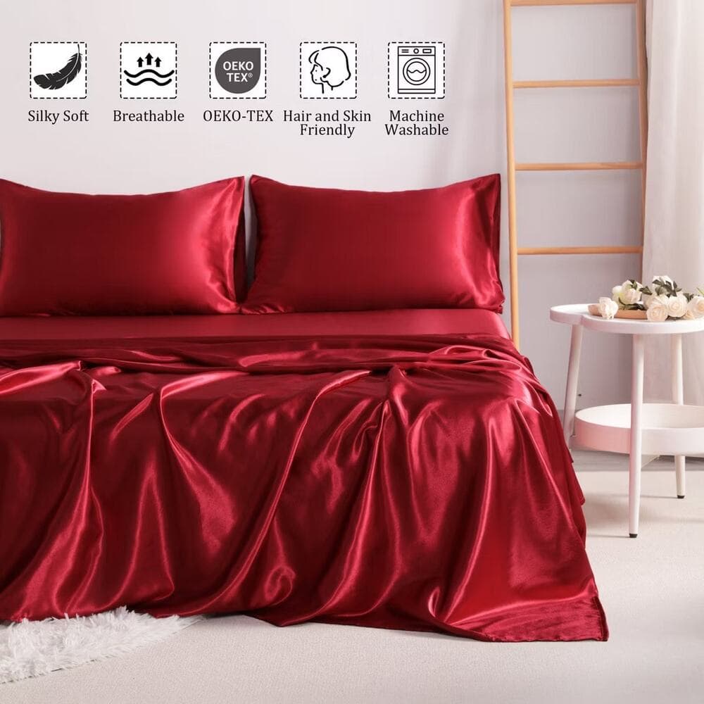 4 Pieces Satin Bed Sheet Set, Silky Cooling Soft Sheet Set, King, Wine Red - Thumbnail 2