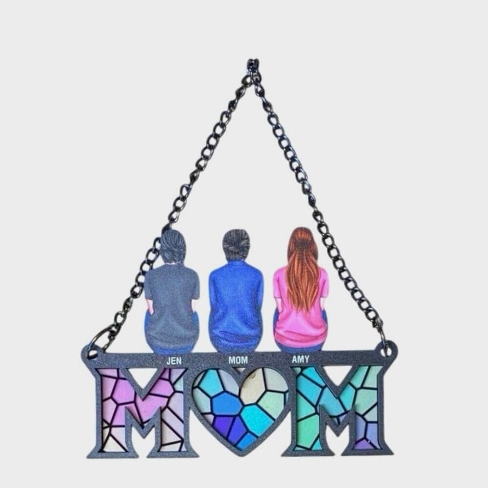 Mother & Children Sitting Bakside Personalized Suncatcher Ornament - Thumbnail 3