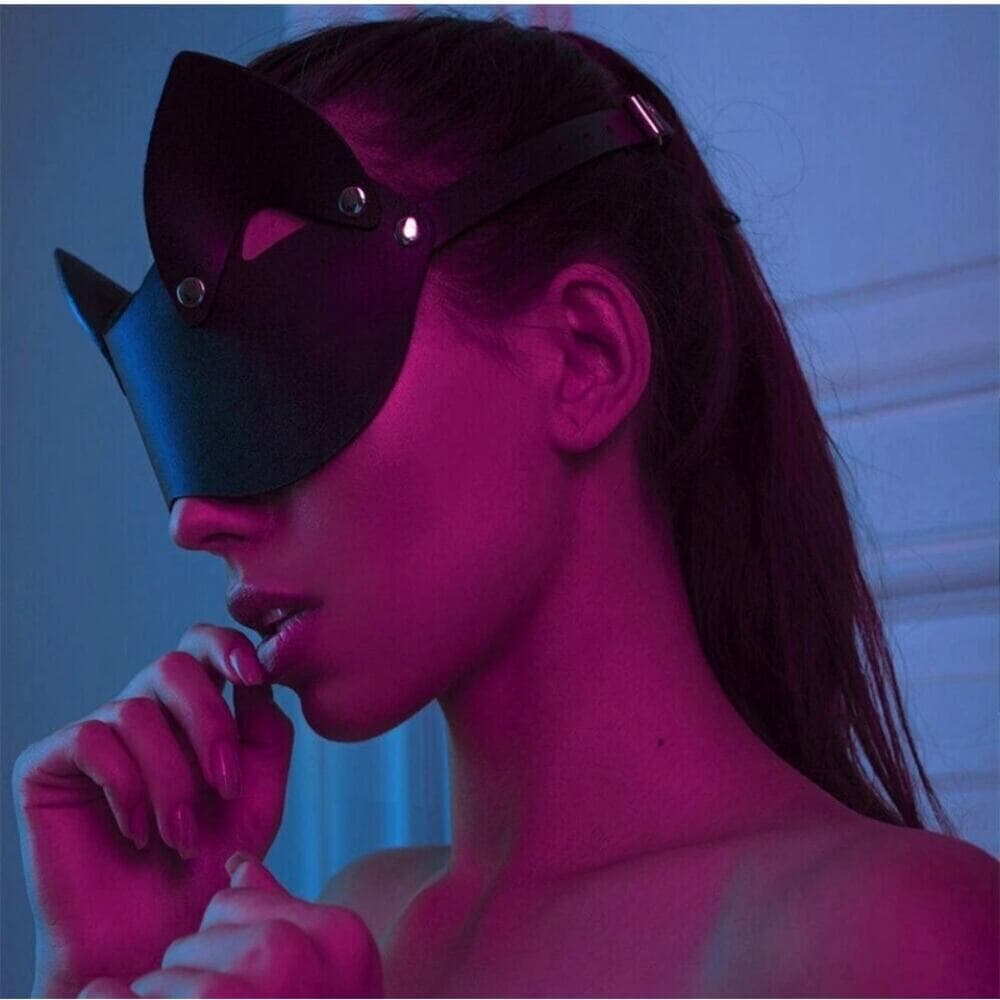 Women Faux Leather Cat Ears mask Sexy Roleplay Halloween Party Masks Blindfold - Thumbnail 6