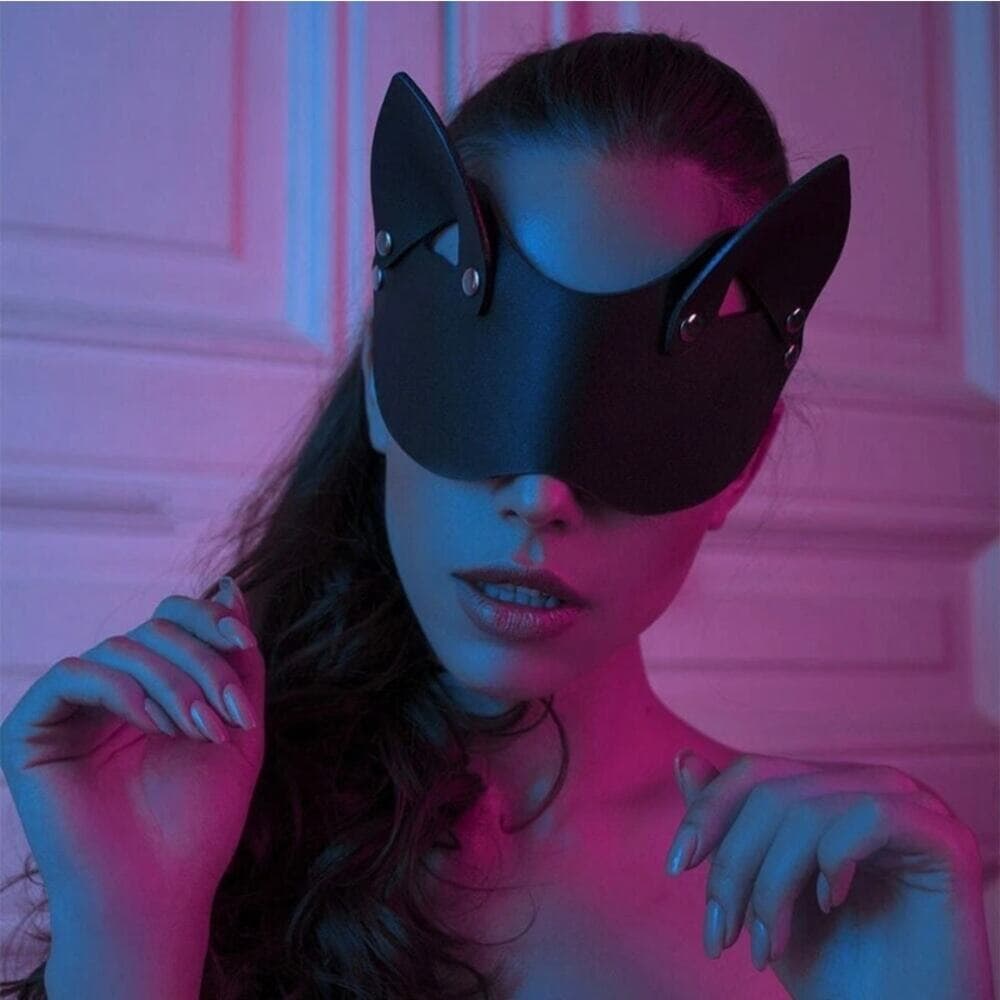 Women Faux Leather Cat Ears mask Sexy Roleplay Halloween Party Masks Blindfold - Thumbnail 3