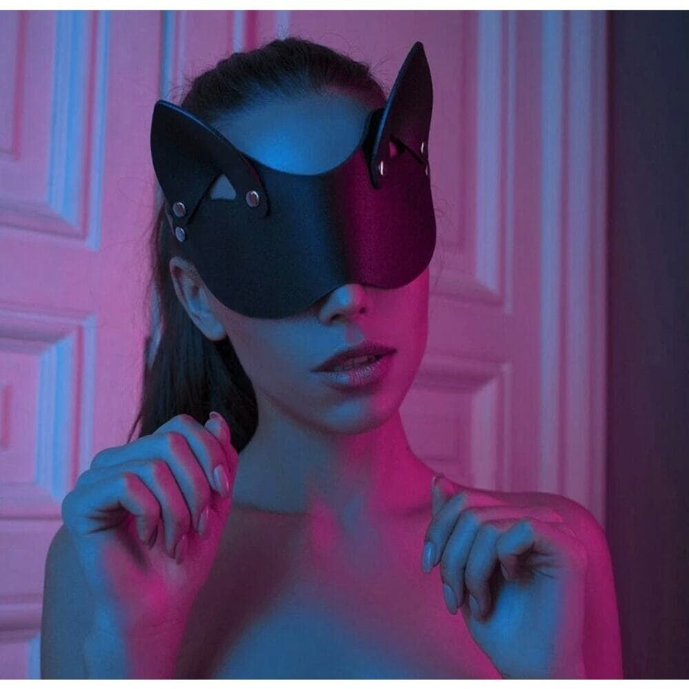 Women Faux Leather Cat Ears mask Sexy Roleplay Halloween Party Masks Blindfold - Thumbnail 4