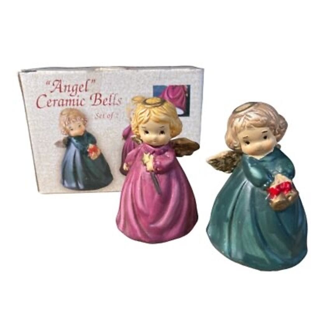 Ceramic Christmas Angel Bells Set of Two Red Green - Thumbnail 14