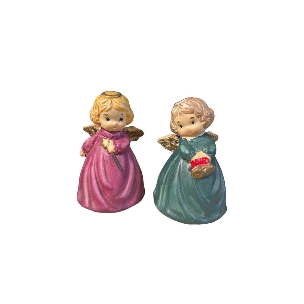 Ceramic Christmas Angel Bells Set of Two Red Green