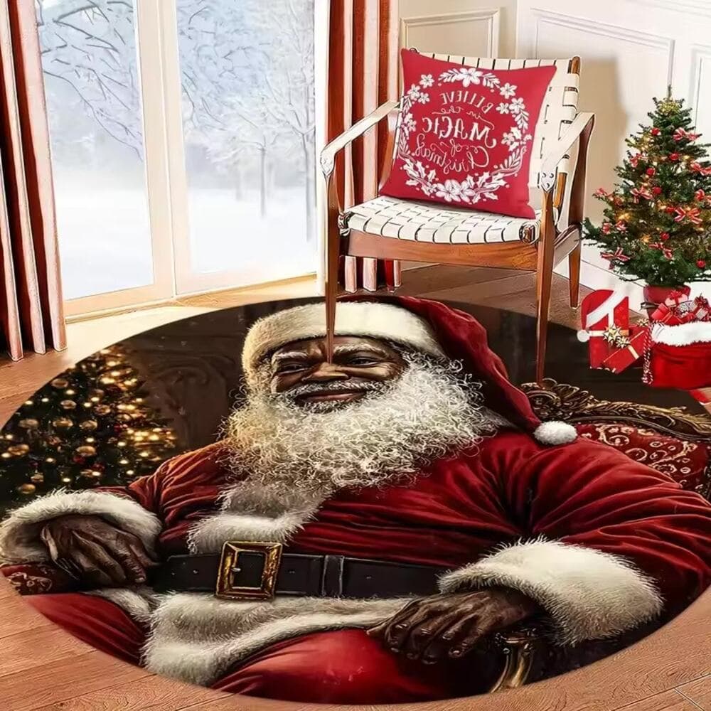 Santa Claus Pattern Round Floor Mat for Living Room, Coffee Table, Bedroom - Thumbnail 4