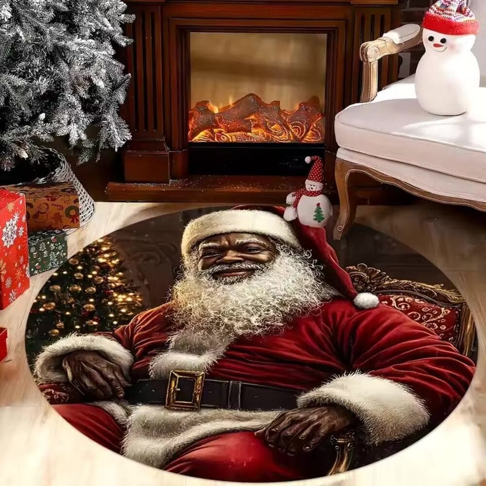 Santa Claus Pattern Round Floor Mat for Living Room, Coffee Table, Bedroom - Thumbnail 3