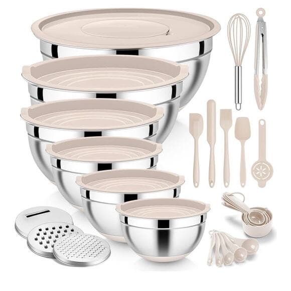 E-far 25PCS for Cooking, Serving, Food Storage, 4.6/2.6/2/1.5/1/0.7QT - Khaki - Thumbnail 11