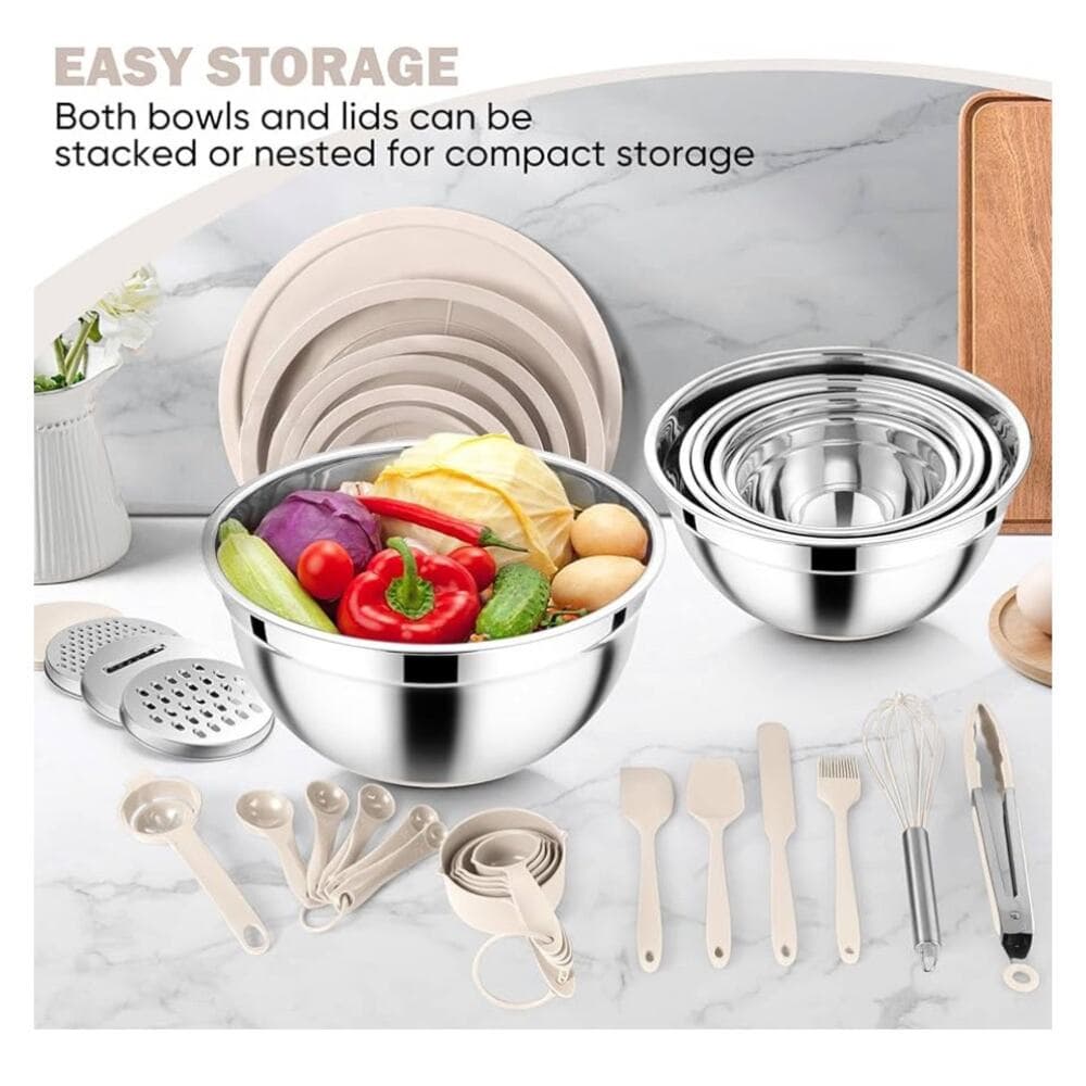 E-far 25PCS for Cooking, Serving, Food Storage, 4.6/2.6/2/1.5/1/0.7QT - Khaki - Thumbnail 5