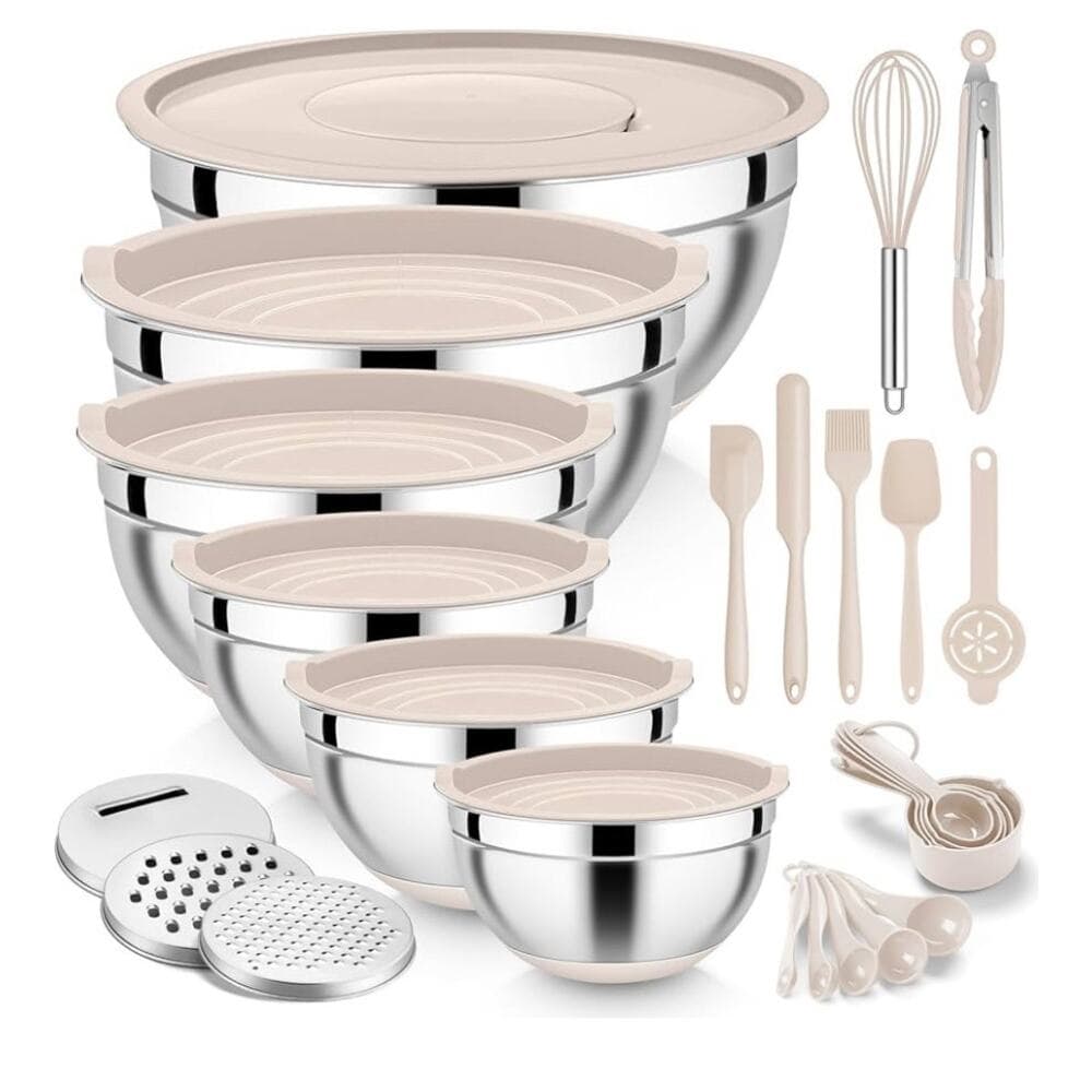 E-far 25PCS for Cooking, Serving, Food Storage, 4.6/2.6/2/1.5/1/0.7QT - Khaki - Thumbnail 10