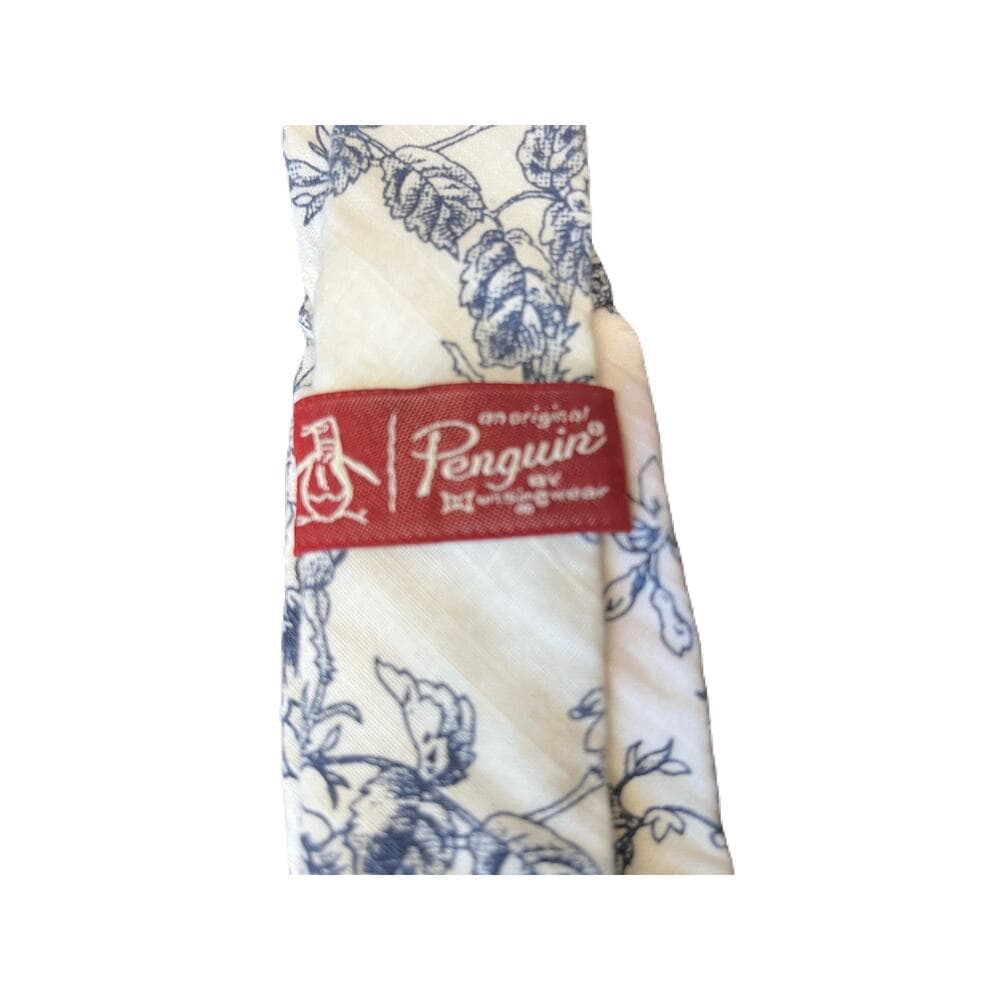 Penguin Men’s Tie White with Blue leafs On It - Thumbnail 3