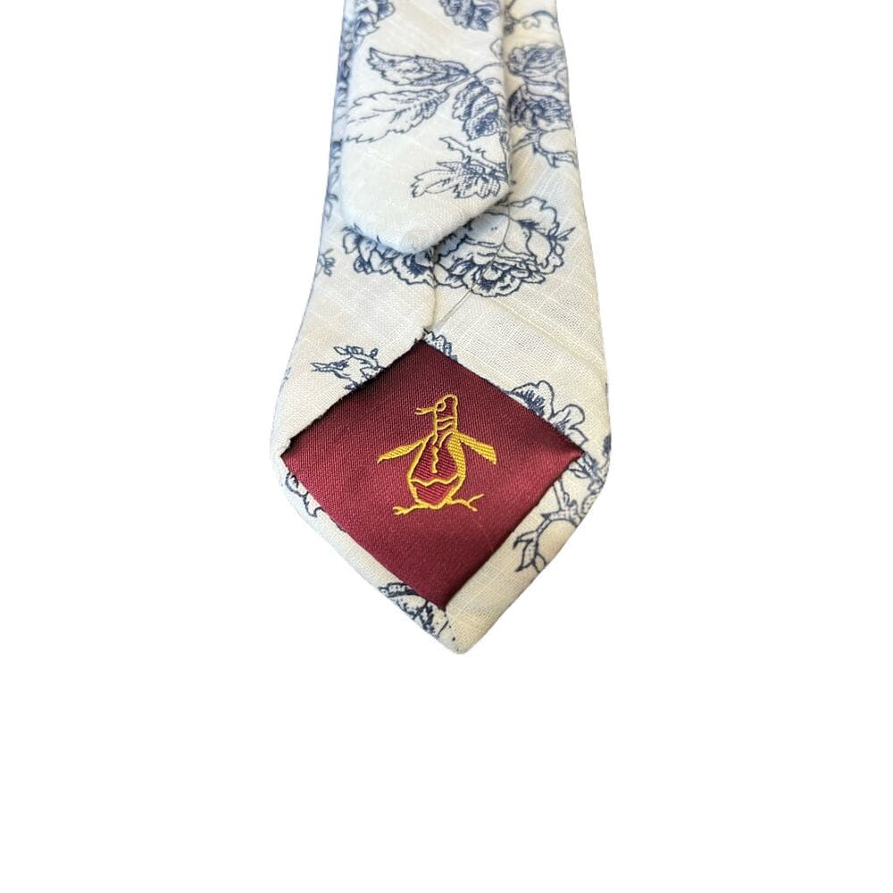 Penguin Men’s Tie White with Blue leafs On It - Thumbnail 2