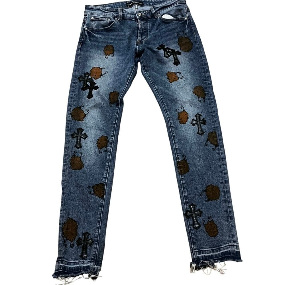 Men’s Blue Jeans With Black Crosses On Them - Thumbnail 2