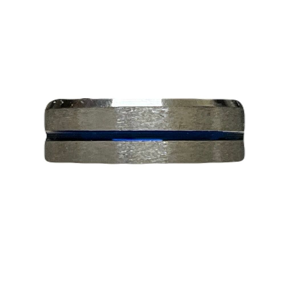 Sliver Stainless Steel Ring With 1 Blue Strip In The Middle Of It Size 19 - Thumbnail 4