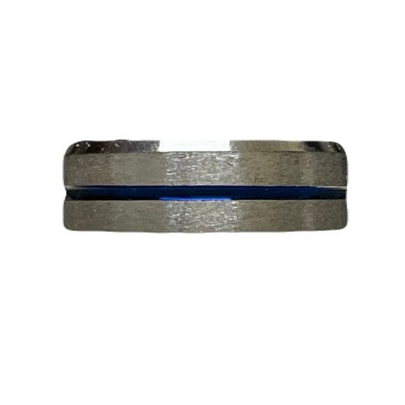Sliver Stainless Steel Ring With 1 Blue Strip In The Middle Of It Size 19 - Thumbnail 5