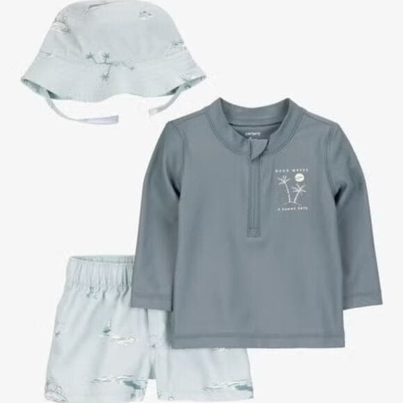 Baby 3-Piece Long-Sleeve Rashguard, Swim Trunk & Swim Hat Set - Grey/Blue - Thumbnail 7