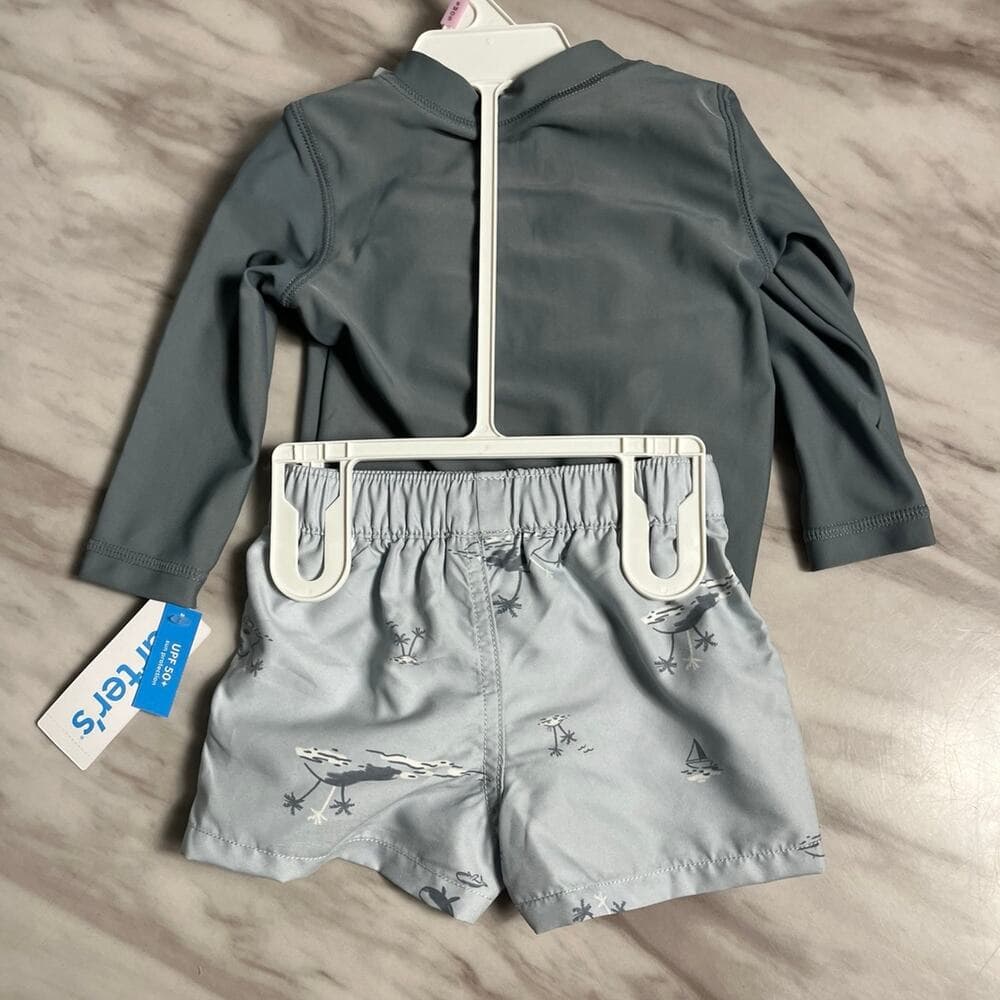 Baby 3-Piece Long-Sleeve Rashguard, Swim Trunk & Swim Hat Set - Grey/Blue - Thumbnail 5