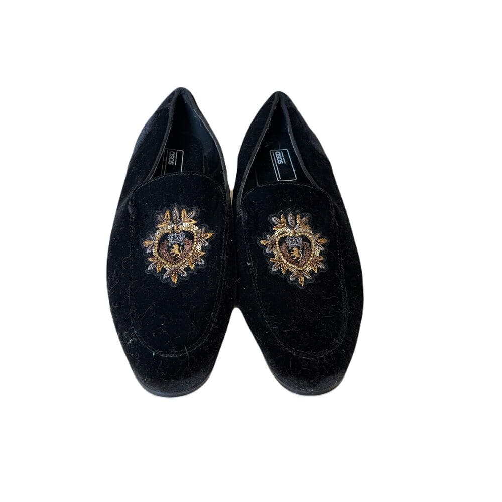ASOS women’s Loafers In Black Velvet With Badge Detail