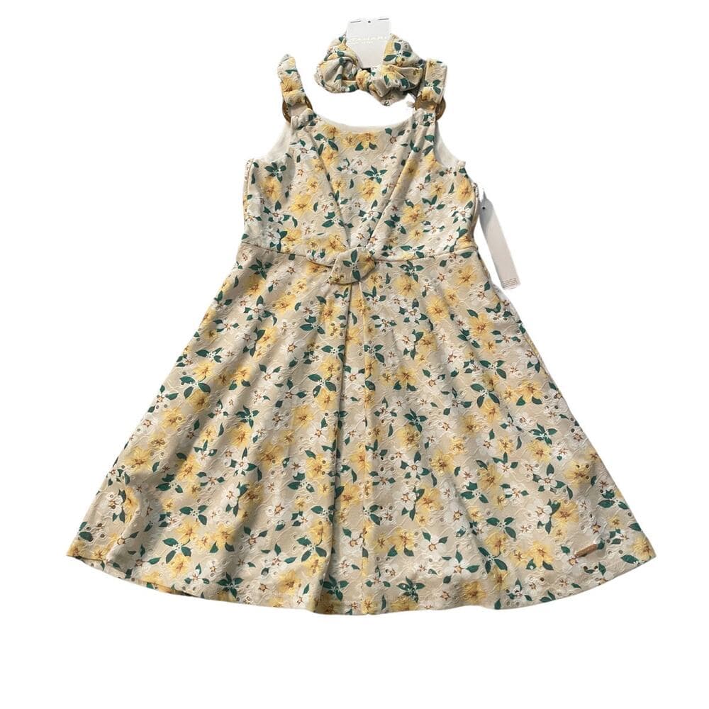 Tahari Girls 5 Yellow, Green & Beige Floral Sleeveless Eyelet Dress & Headband - Thumbnail 2
