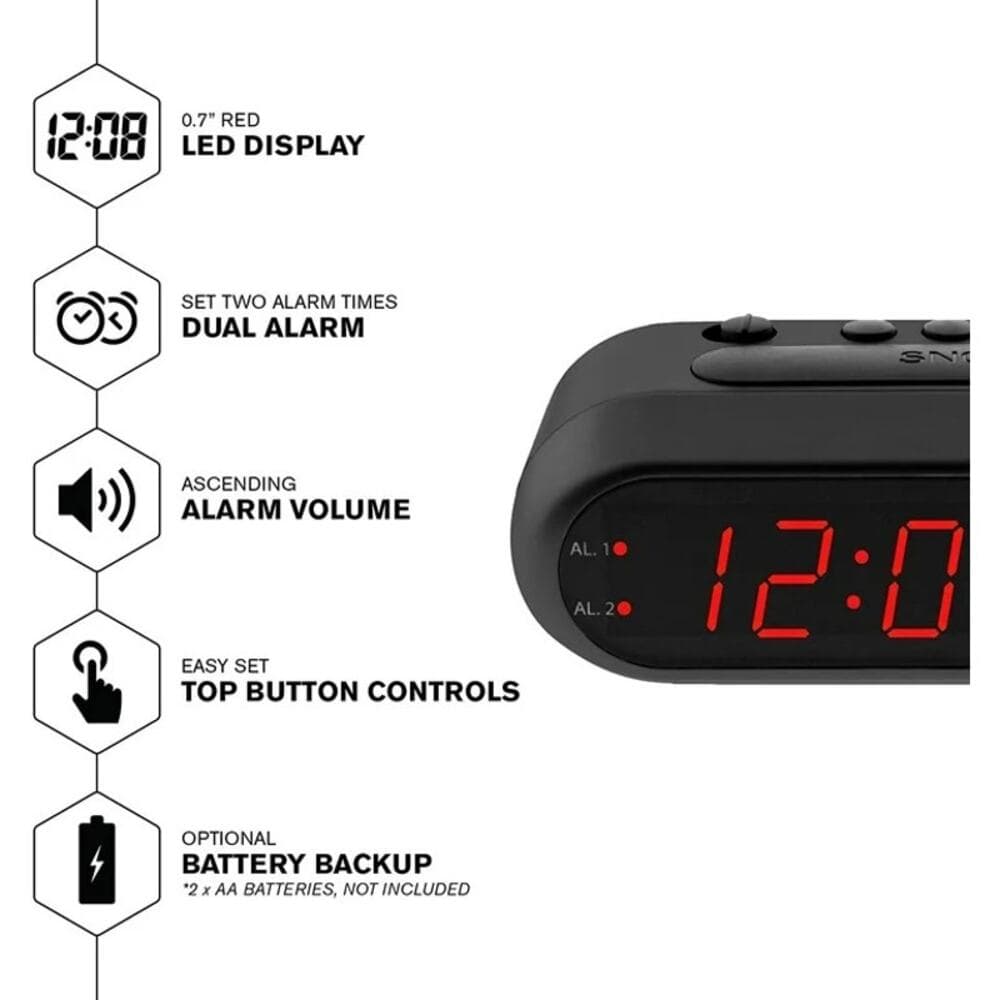 Sharp Digital Alarm Clock Black Case Red Display Ascending Alarm - Thumbnail 2