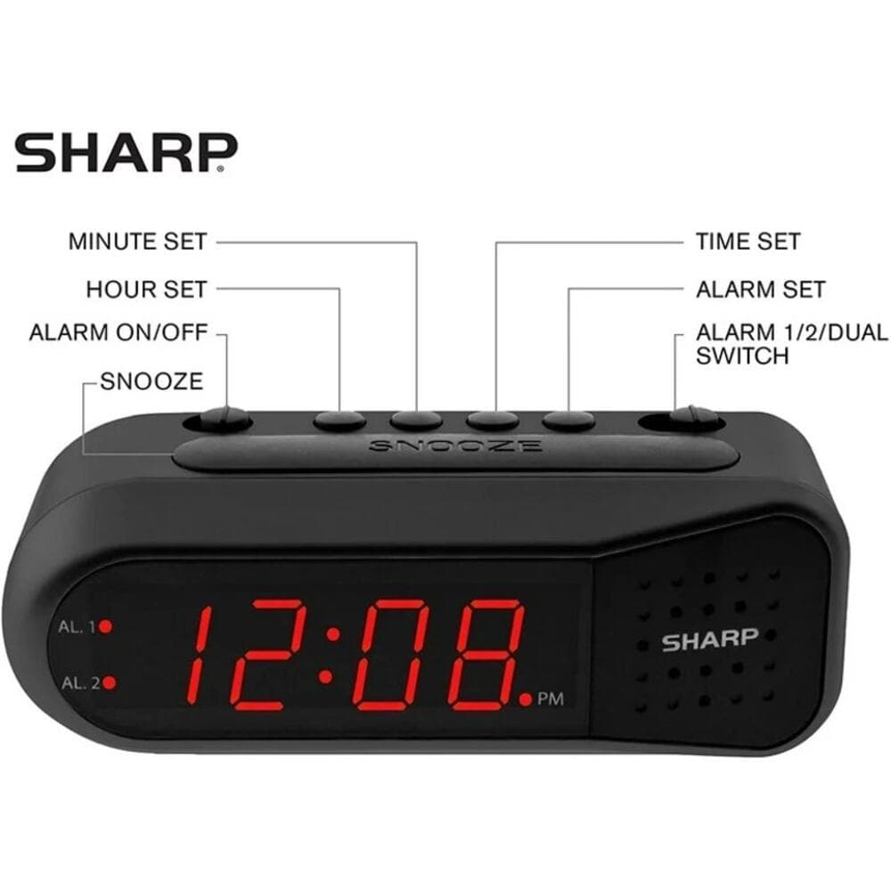 Sharp Digital Alarm Clock Black Case Red Display Ascending Alarm - Thumbnail 4