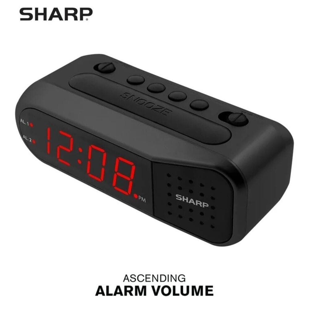 Sharp Digital Alarm Clock Black Case Red Display Ascending Alarm - Thumbnail 3
