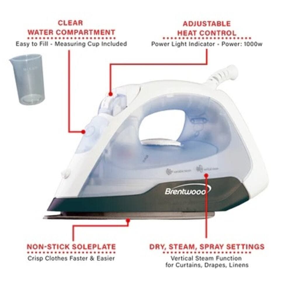 BRENTWOOD MPI-52 NON-STICK STEAM IRON, WHITE - Thumbnail 2