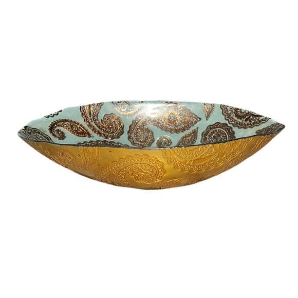Green & Gold Glass fruit bowl 14” L 10”W 3” H - Thumbnail 4