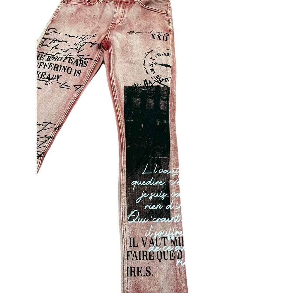 Si Tu Veux Red Superstack Men’s Jean’s Size 32 with Black design on the legs - Thumbnail 2