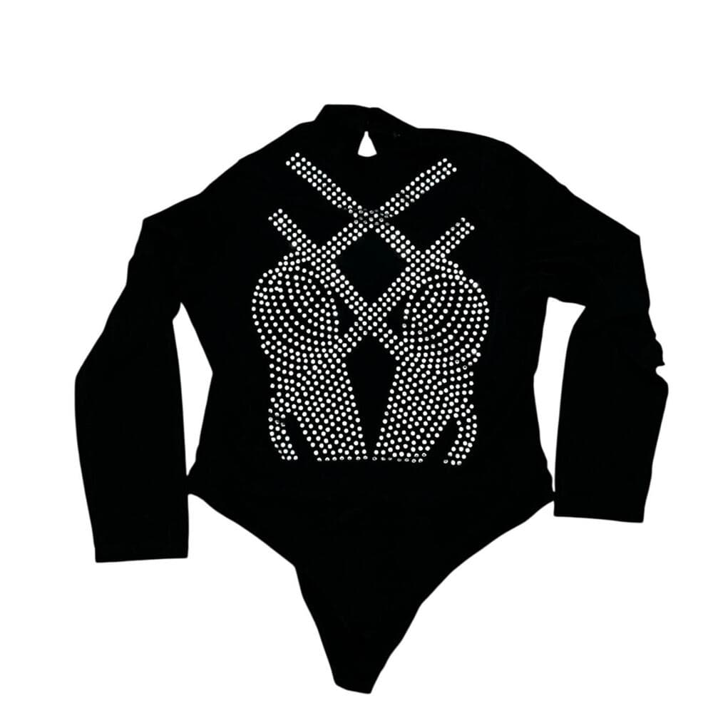 Haute Monde Black Long Sleeve Shirt With Diamond’s On The Chest - Thumbnail 5