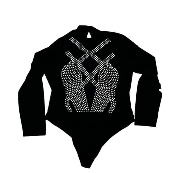 Haute Monde Black Long Sleeve Shirt With Diamond’s On The Chest - Thumbnail 6