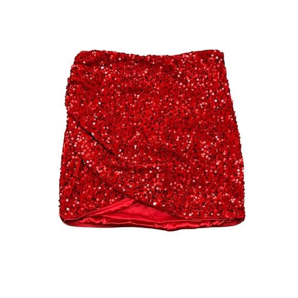Slim Fit Sparkly Sequin Mini Skirt Party Club Vacation Relaxed Fit Skirt Red M - Thumbnail 6