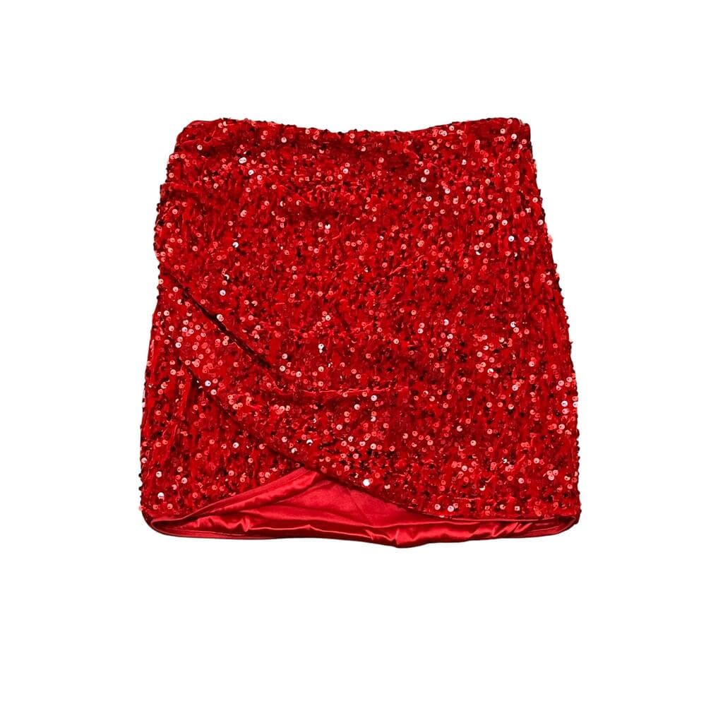Slim Fit Sparkly Sequin Mini Skirt Party Club Vacation Relaxed Fit Skirt Red M - Thumbnail 4