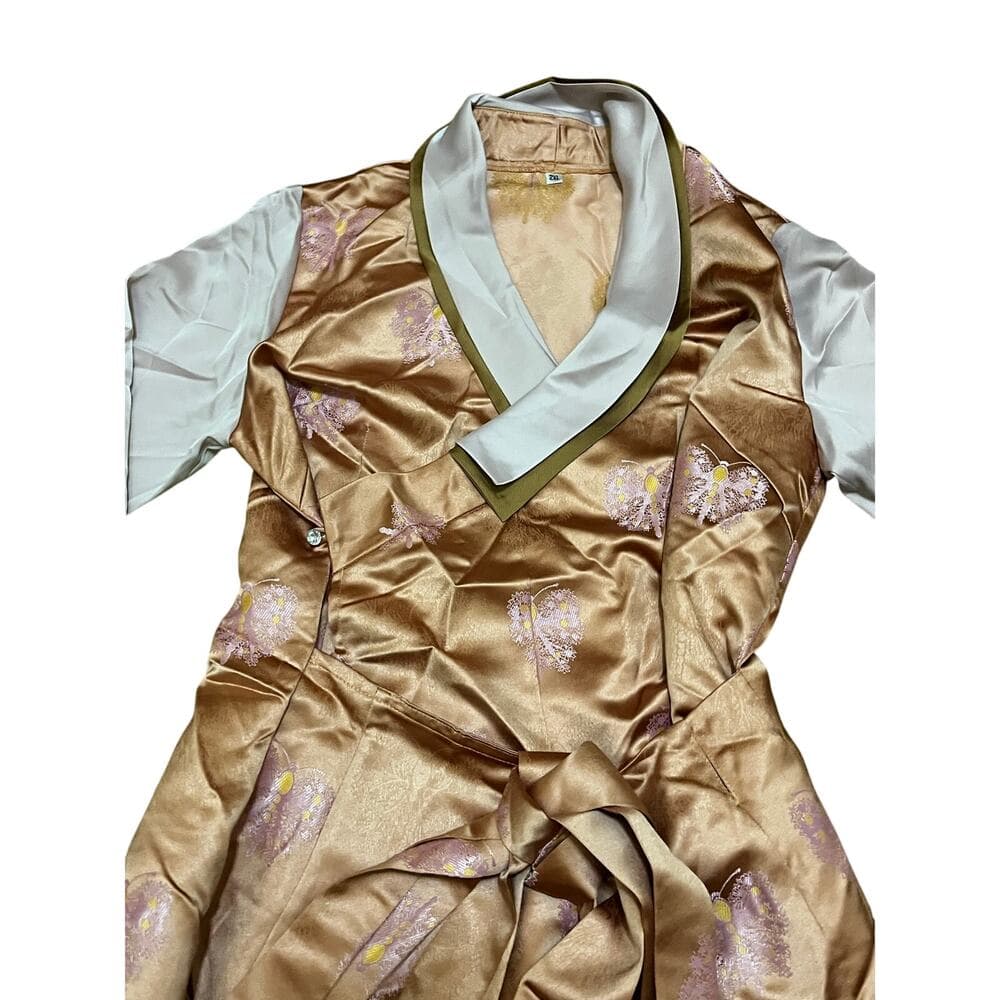 Chinese 65” Satin Peach Dress With Pink Sleeves Size 2XL - Thumbnail 2