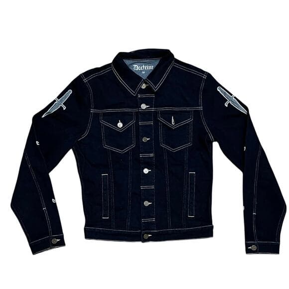 Doctrine Dark Blue Men’s Jean Jacket With Crosses On The Sleeves Size Medium - Thumbnail 5
