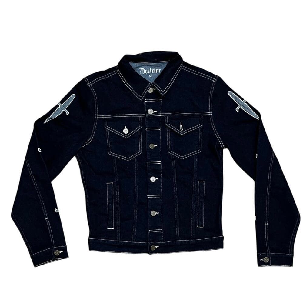 Doctrine Dark Blue Men’s Jean Jacket With Crosses On The Sleeves Size Medium - Thumbnail 4